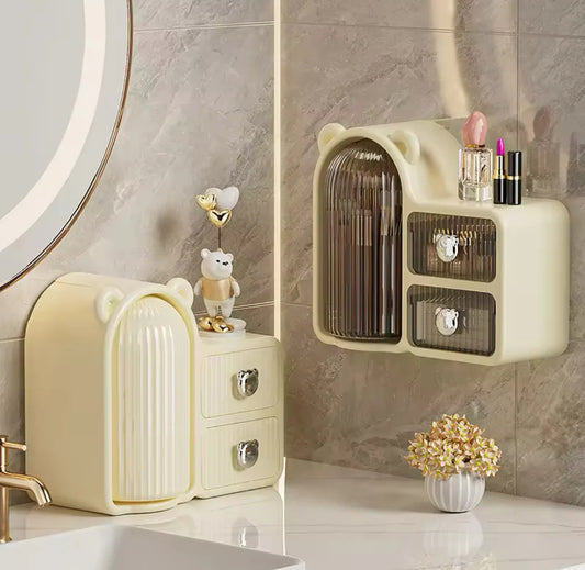 Rotating Desktop Bear Shape Storage Box, Desktop Organizer With 2 Drawers, Makeup And Brushes Organizer, Dressing Table Storage Box